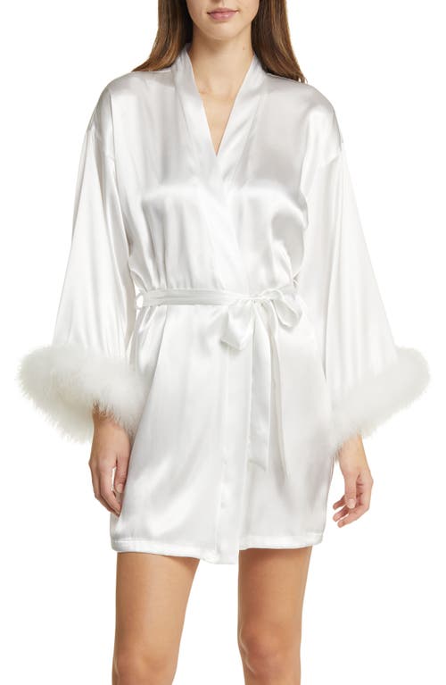 Feather Trim Satin Robe in Ivory