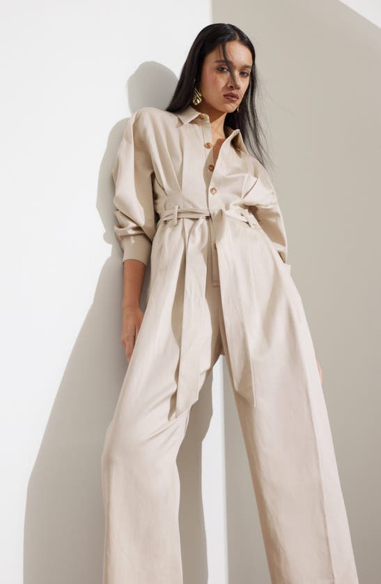 Shop & Other Stories Tie Waist Wide Leg Jumpsuit In Beige Dusty Light