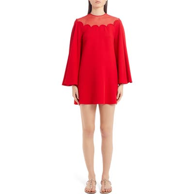 Valentino Scallop Neck Long Sleeve Silk Cady Minidress, US / 48 IT - Red