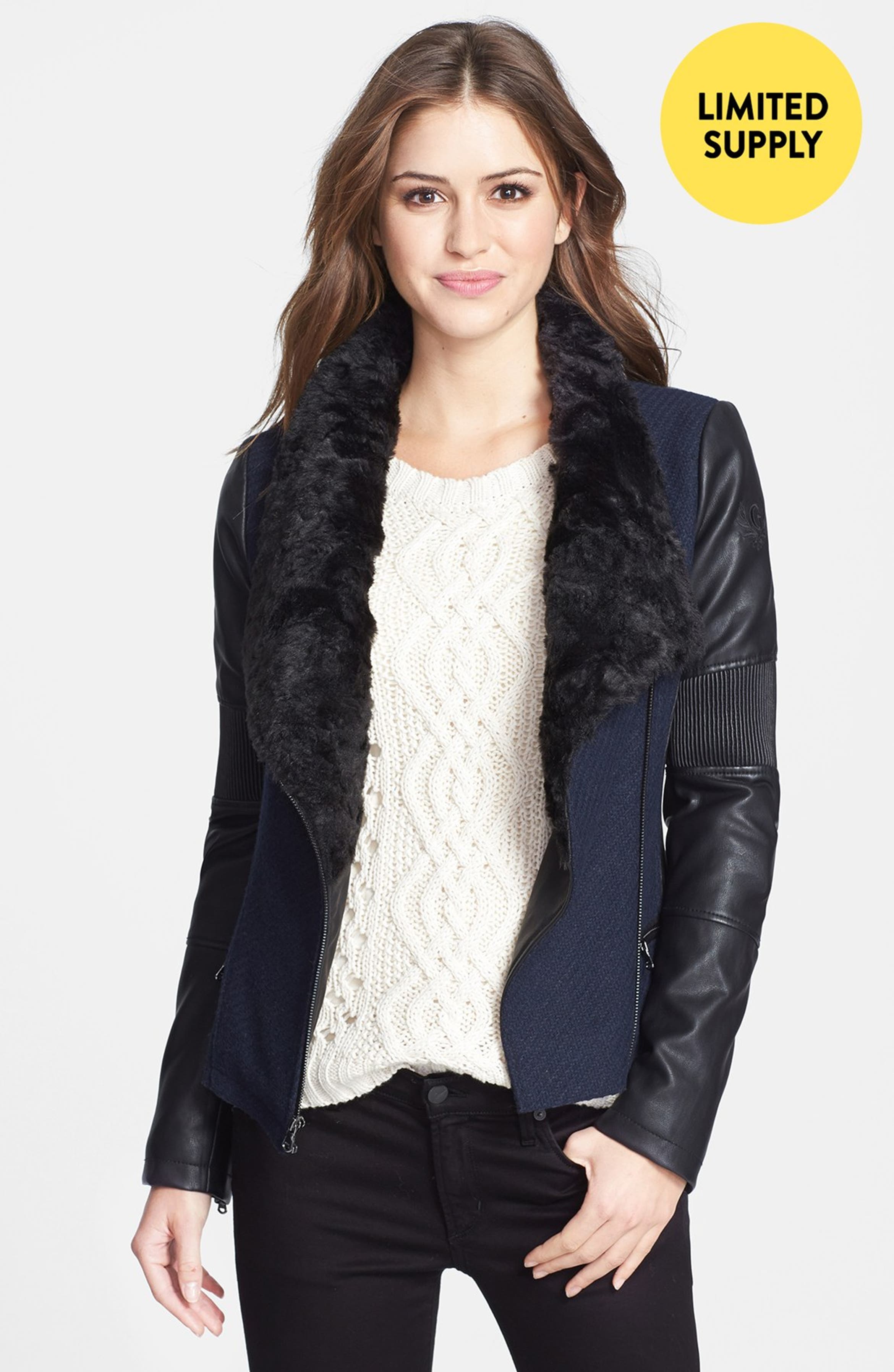 GUESS Faux Fur Collar Mixed Media Moto Jacket (Online Only) | Nordstrom