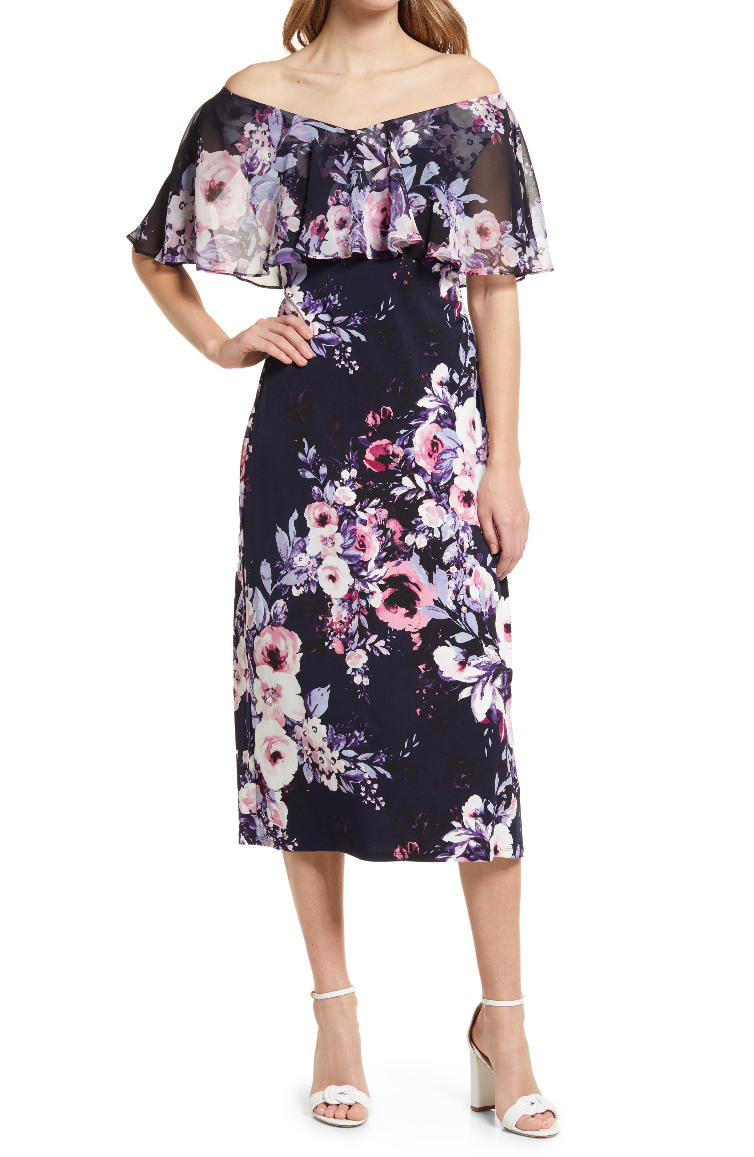 Connected Floral-Print Chiffon-Overlay Dress - Dark Pink - Size 6