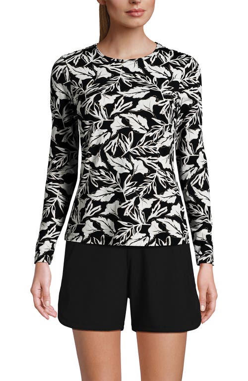 Shop Lands' End Crew Neck Long Sleeve Rash Guard Upf 50 Sun Protection Swim Tee In Black/egret Abstract Leaf