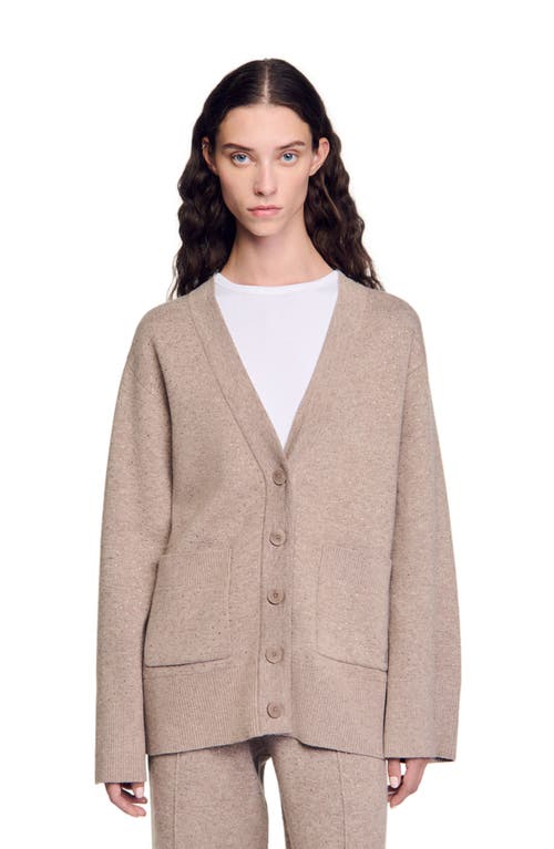 Shop Sandro Long Rhinestone Cardigan In Beige