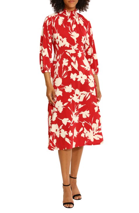 Floral Mock Neck A-Line Midi Dress (Regular & Plus)