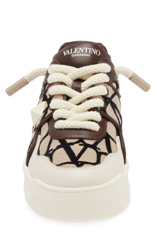 Valentino Garavani One Stud Xl Low-top Trainer In Nappa Leather And Toile Iconographe Fabric In Kfn-naturale-nero/ Ivory