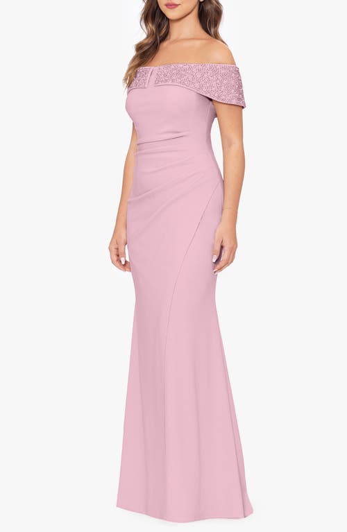 Shop Betsy & Adam Bead Detail Off The Shoulder Scuba Crepe Sheath Gown In Rose/pearl