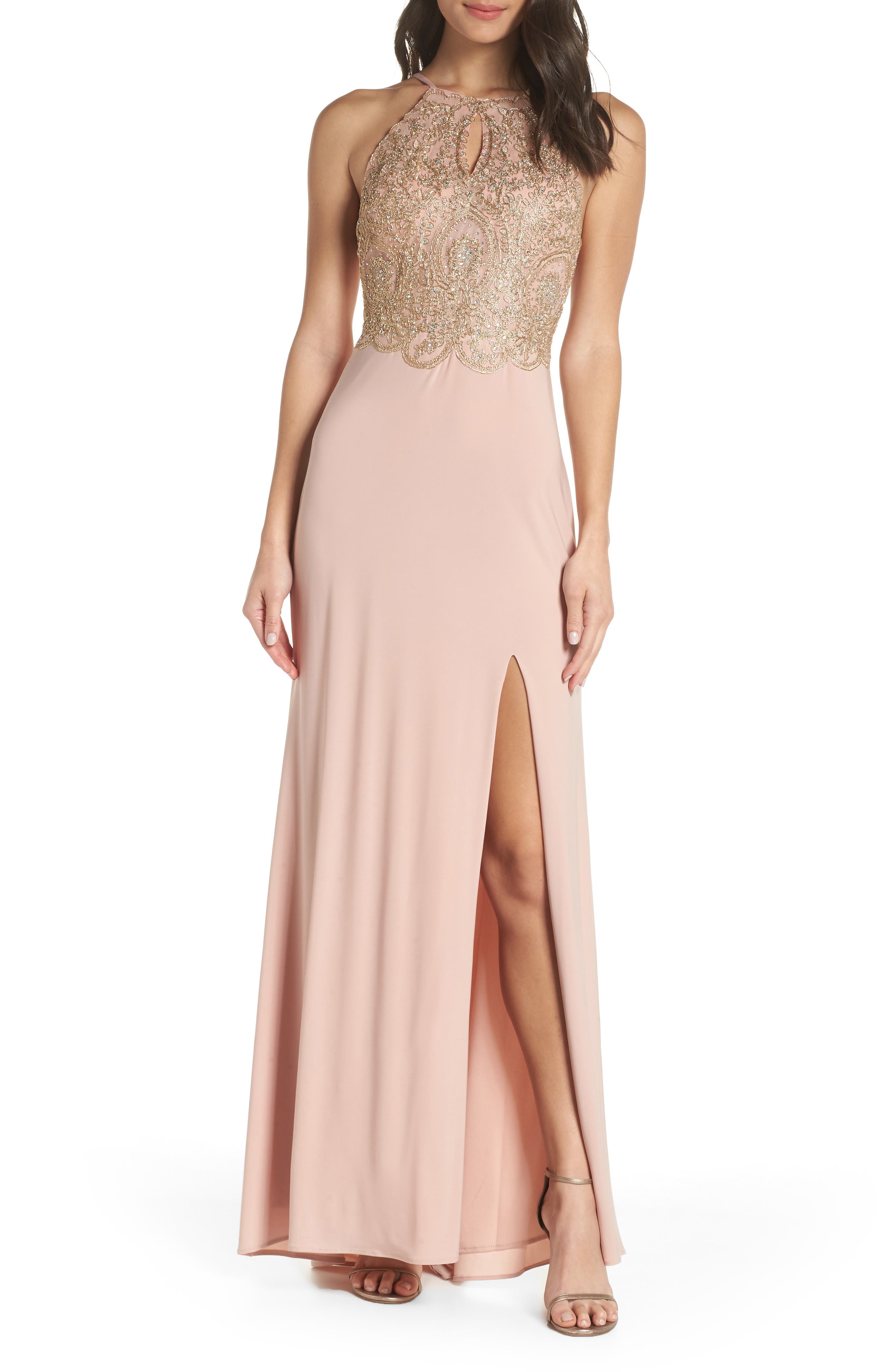 Blondie Nites Embellished Applique Halter Gown, Pink