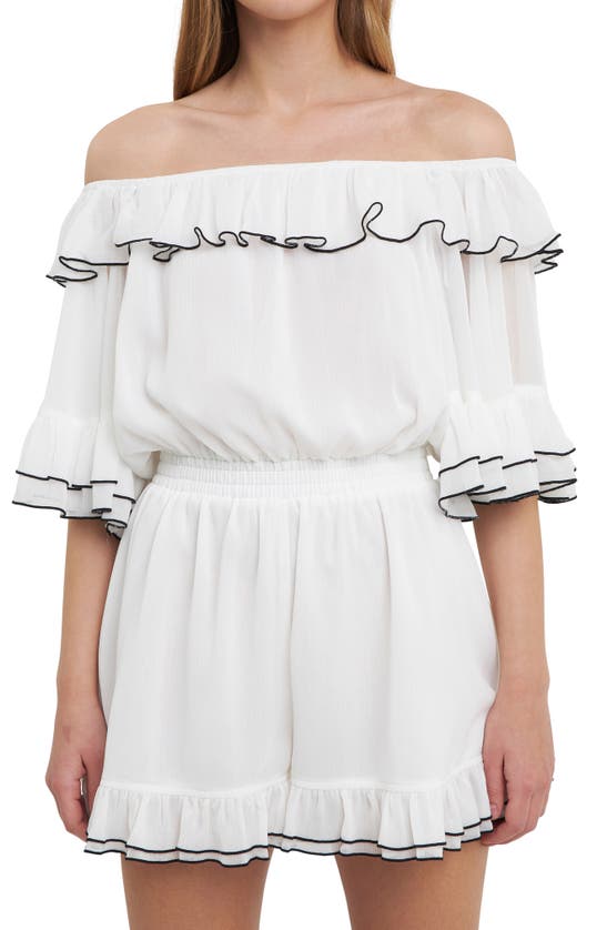 Shop Endless Rose Contrast Edge Off The Shoulder Romper In White/ Black