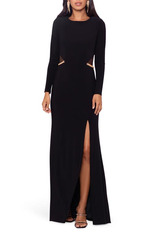 Xscape Evenings Illusion Cutout Long Sleeve Evening Gown In Black