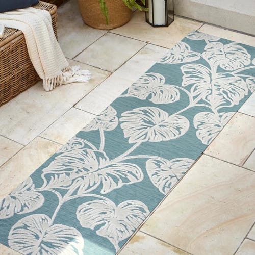 Jonathan Y Tobago High-low Two-tone Monstera Leaf Indoor/outdoor Area Rug In Blue/ivory
