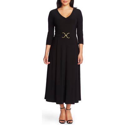 Chaus Belted Tea Length Dress, Black