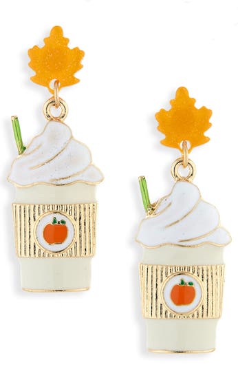 A pair of pumpkin spice latte earrings