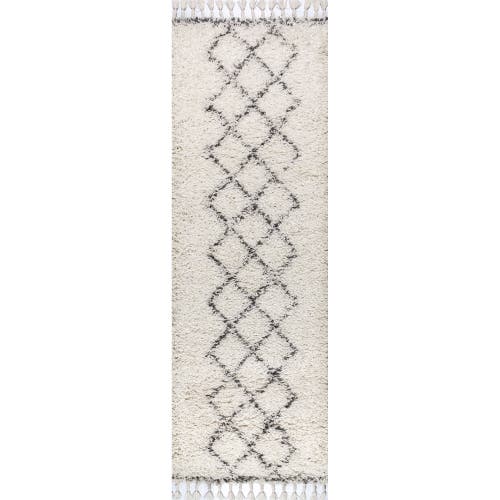 Jonathan Y Mercer Shag Plush Tassel Moroccan Geometric Trellis Denim Area Rug In Cream/gray