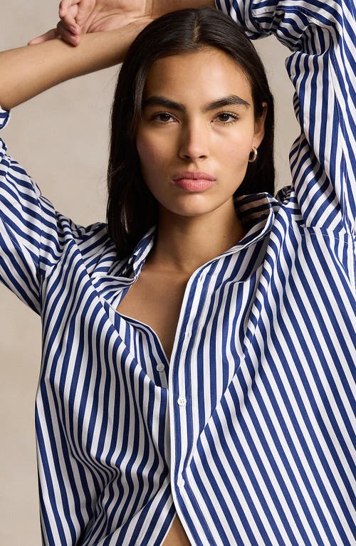 Shop Polo Ralph Lauren Oversize Stripe Button-down Tunic In Fall Royal/white