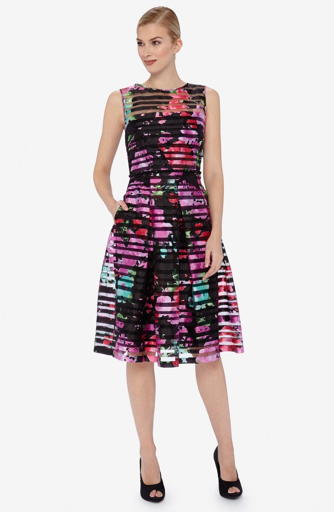 Tahari Floral Stripe Organza Fit & Flare Dress Nordstrom