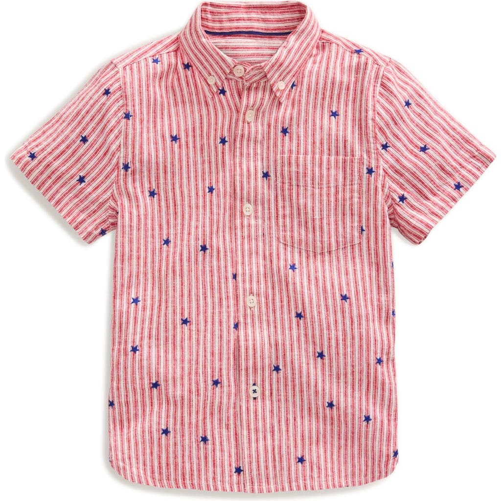 Mini Boden Kids' Stars & Stripes Short Sleeve Linen & Cotton Button-down Shirt In Red Stripe Star Embroidery
