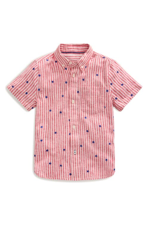 Mini Boden Kids' Stars & Stripes Short Sleeve Linen Cotton Button-Down Shirt Red Stripe Star Embroidery at Nordstrom,