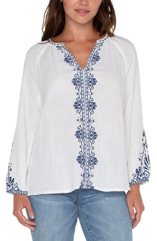 Shop Liverpool Los Angeles Embroidered Double Gauze Top In Off Wht Blue Embroidery