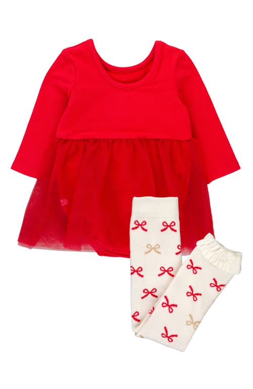 Shop Rufflebutts Holiday Long Sleeve Cotton Skirted Tulle Bodysuit & Bow Leggings Set In Red