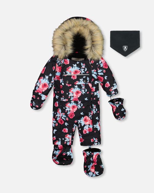 Shop Deux Par Deux Baby Girl's One Piece Baby Snowsuit Black Printed Roses Designed For Car Seat