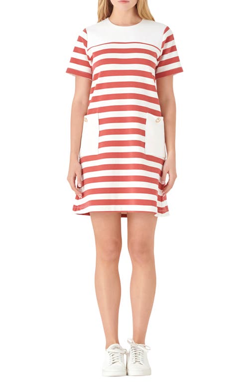Stripe Patch Pocket Shift Dress in White/Red