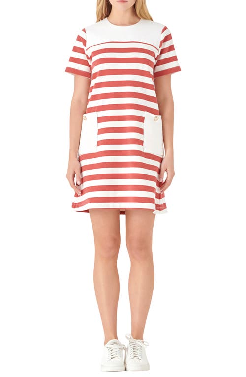 Shop English Factory Stripe Patch Pocket Shift Dress In White/red