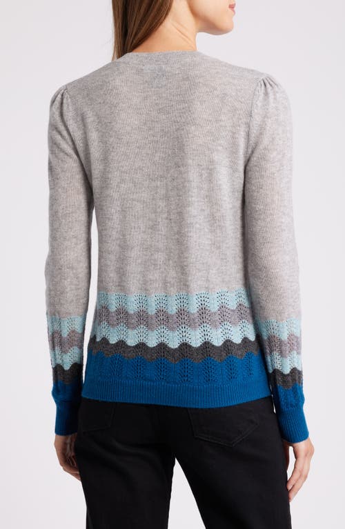 Shop Griffen Pointelle Border Wool & Cashmere Crewneck Sweater In Light Grey Teal Combo