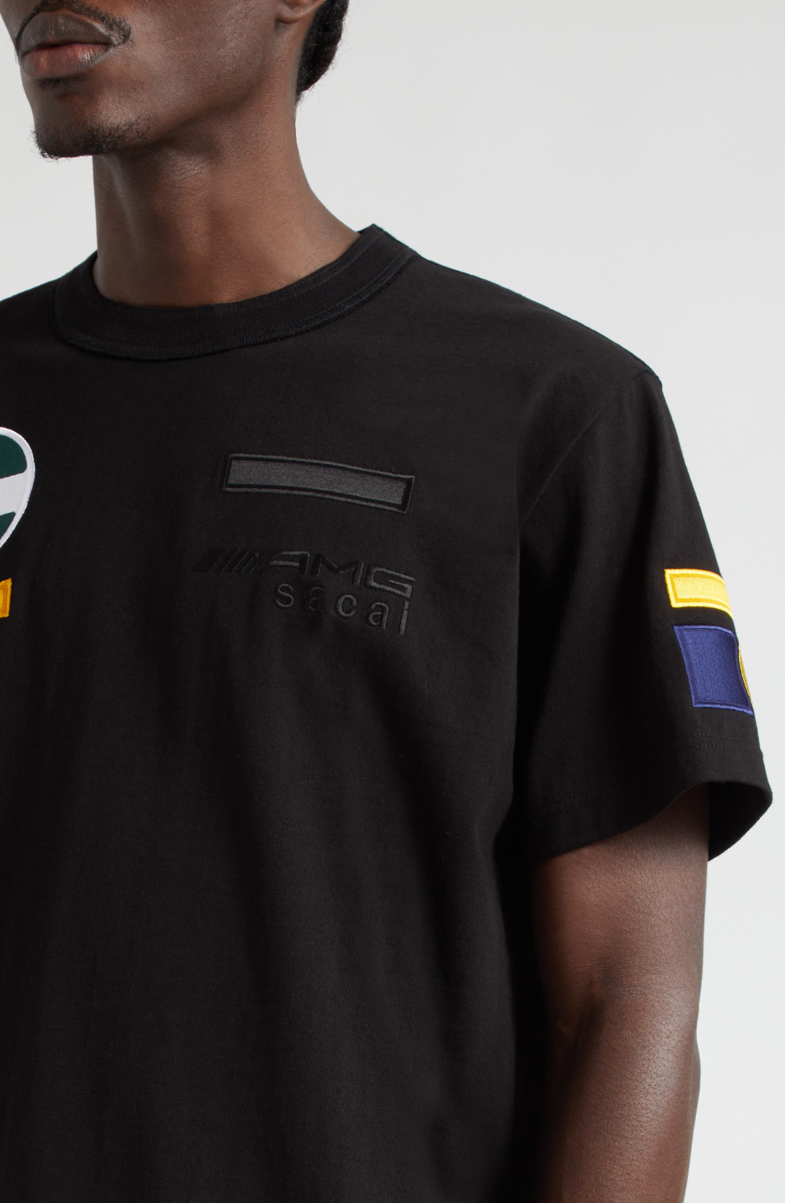 Sacai AMG Patch Cotton T-Shirt in Black | Smart Closet