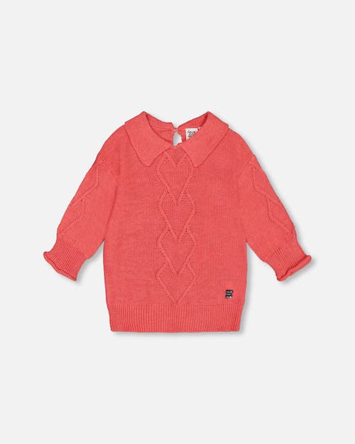 Deux Par Deux Little Girl's 3/4 Knit Sweater With Collar Coral In Tea Rose