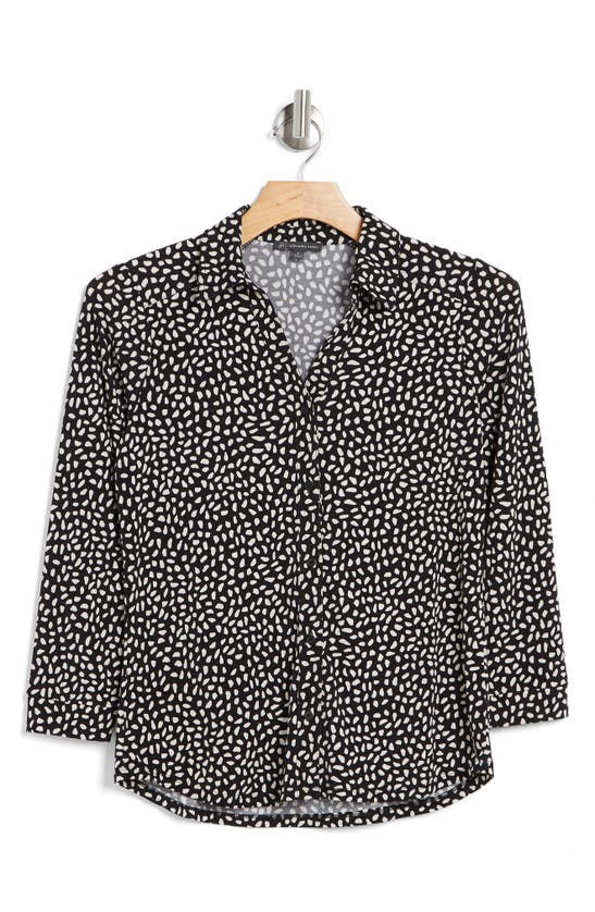 Adrianna Papell Moss Crepe Button Front Shirt In Black/ Cream Stone Dot