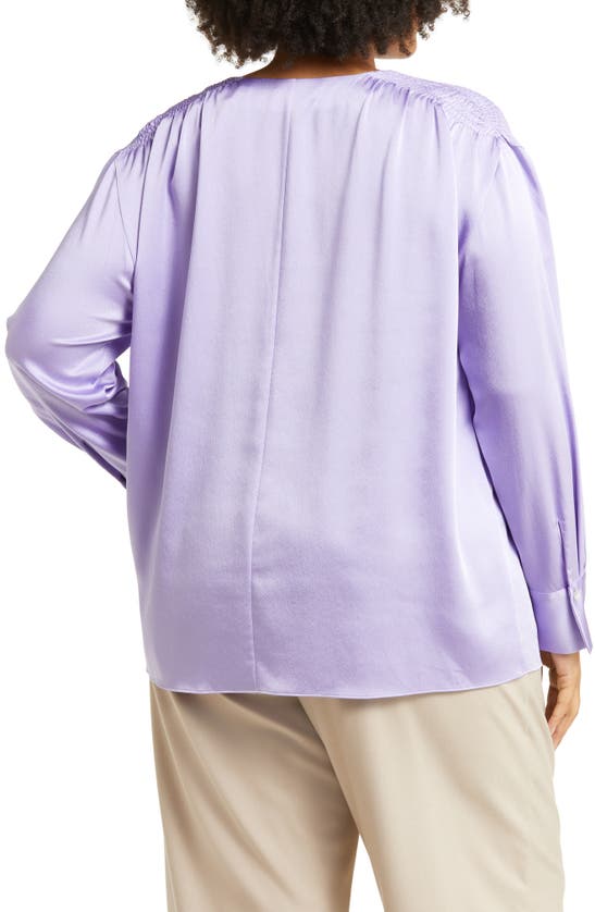 Vince Smocked Shoulder Long Sleeve Satin Blouse In Lily Stone