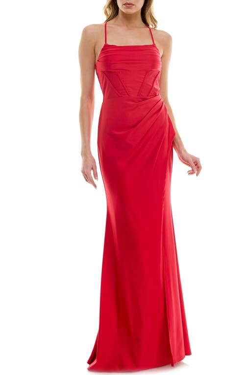 Pleated Lace-Up Back Sleeveless Gown in Red