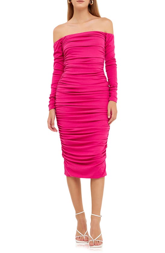 Shop Endless Rose Ruched Off The Shoulder Long Sleeve Dress In Fuchsia