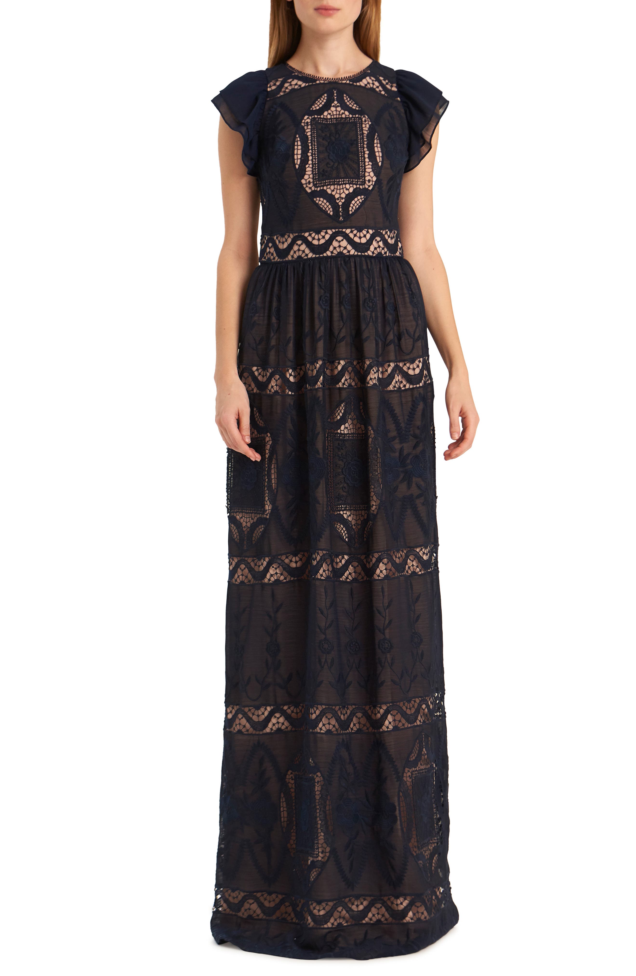 Ml Monique Lhuillier Embroidered Flutter Sleeve Chiffon Evening Gown, Blue