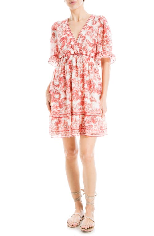 Shop Max Studio Floral Short Sleeve Dress In Coral/ivory