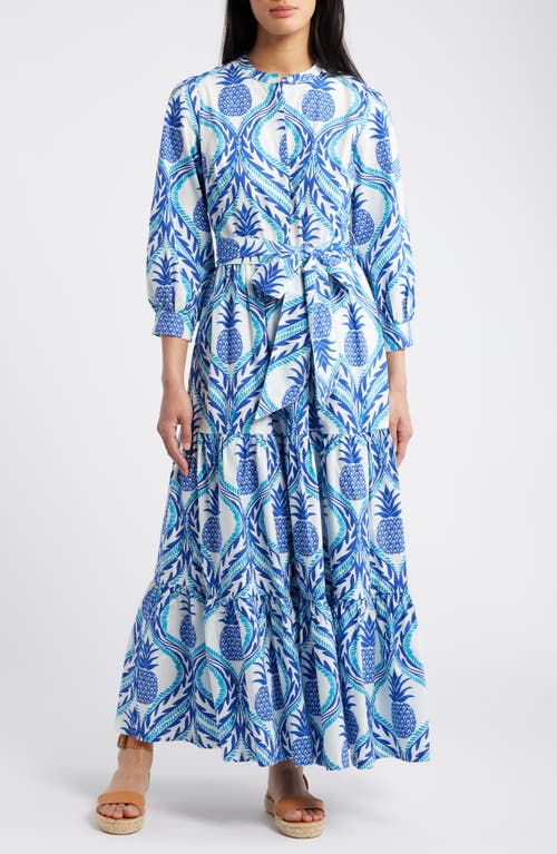 Alba Long Sleeve Tiered Cotton Maxi Dress in Surf The Web Pineapple Wave