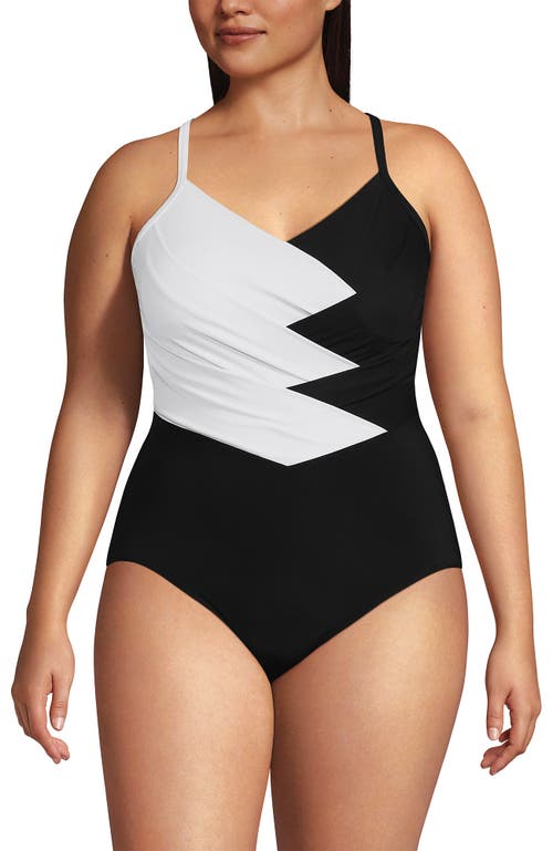 Shop Lands' End Plus Size Slender Suit Pleated X-back One Piece Swimsuit In Black/white