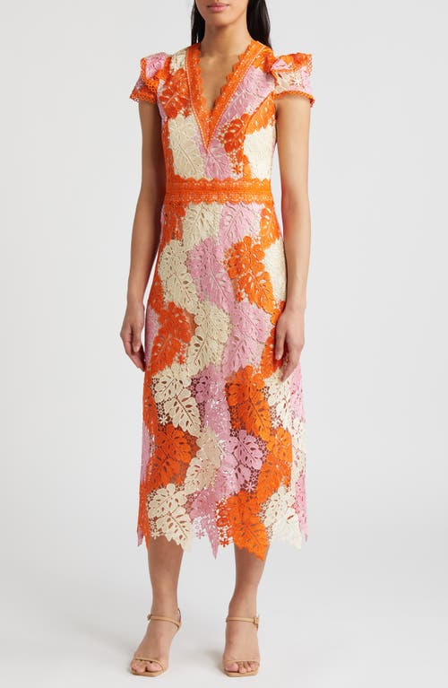 Shop Adelyn Rae Adeline Palm Lace Midi Dress In Orange/pink/cream