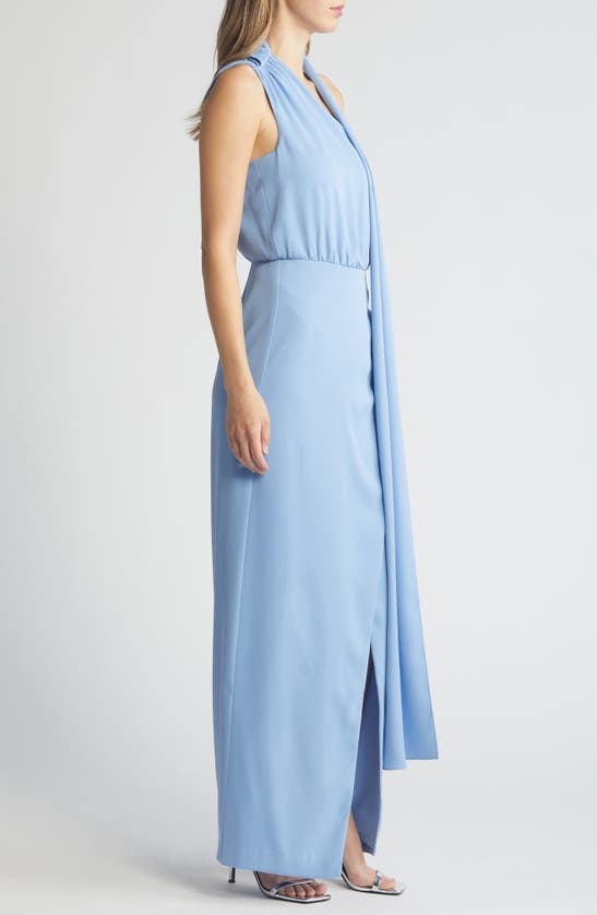 Shop Black Halo Fantasia Neck Scarf One-shoulder Column Gown In Blue Bliss