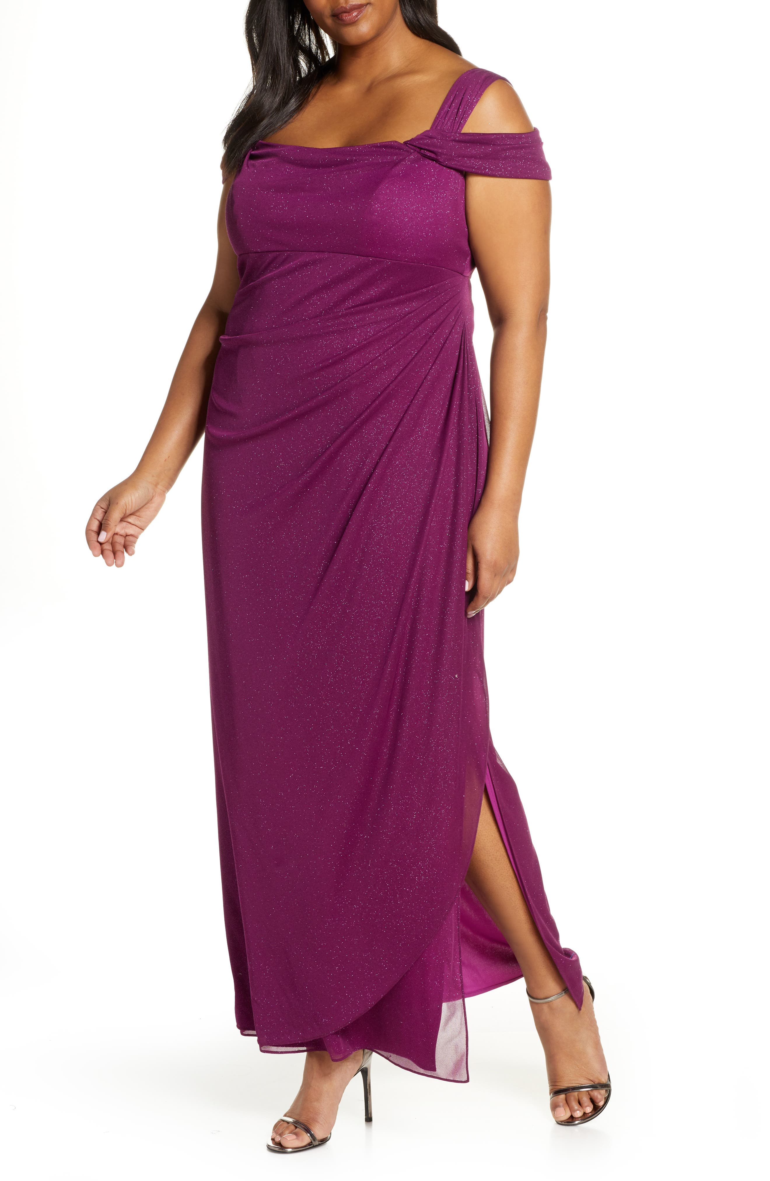 Plus Size Alex Evenings Cold Shoulder Sheath Gown, Purple