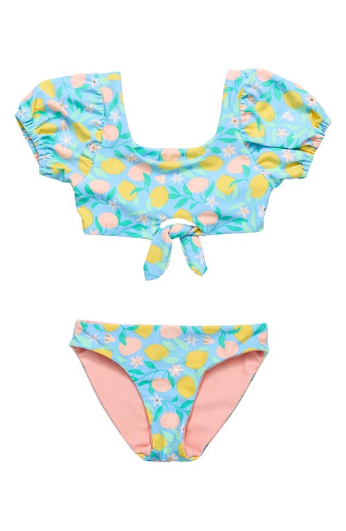 Snapper Rock Kids' Lemon Drops Puff Sleeve Knot Front Two-Piece Swimsuit Blue Multi at Nordstrom,