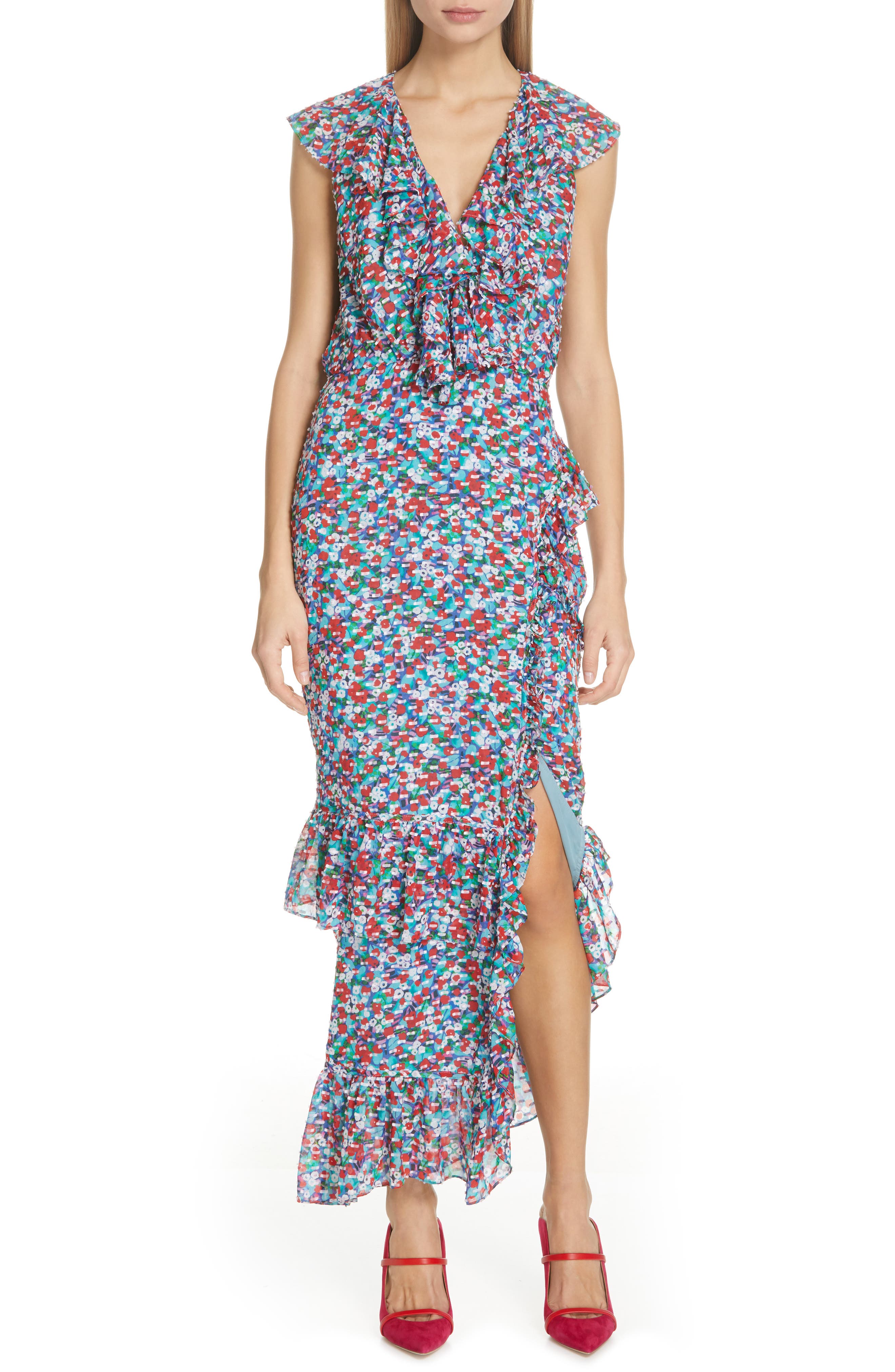 Saloni Anita Ruffle Trim Silk Burnout Dress