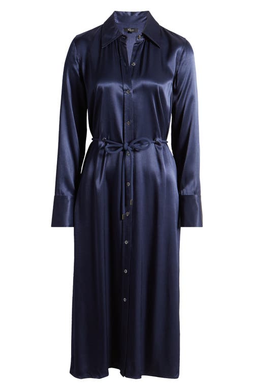 Shop Rails Anina Tie Waist Long Sleeve Satin Shirtdress In Navy