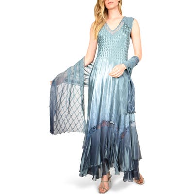 Komarov Charmeuse & Chiffon Maxi Dress With Shawl, Blue