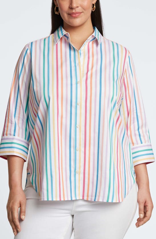 Shop Foxcroft Meghan Rainbow Stripe Cotton Button-up Shirt In White Multi Stripe