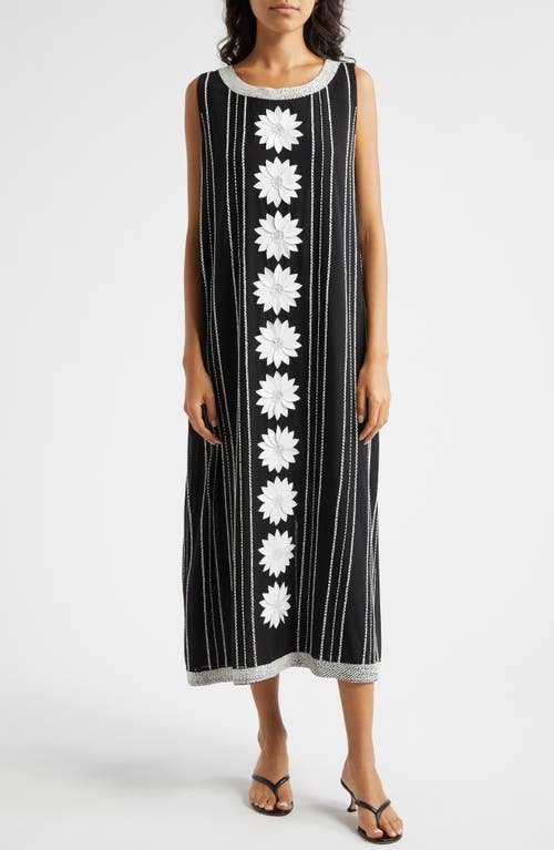 La Vie Style House Daisy Bead Stripe Embellished Midi Dress In Black White