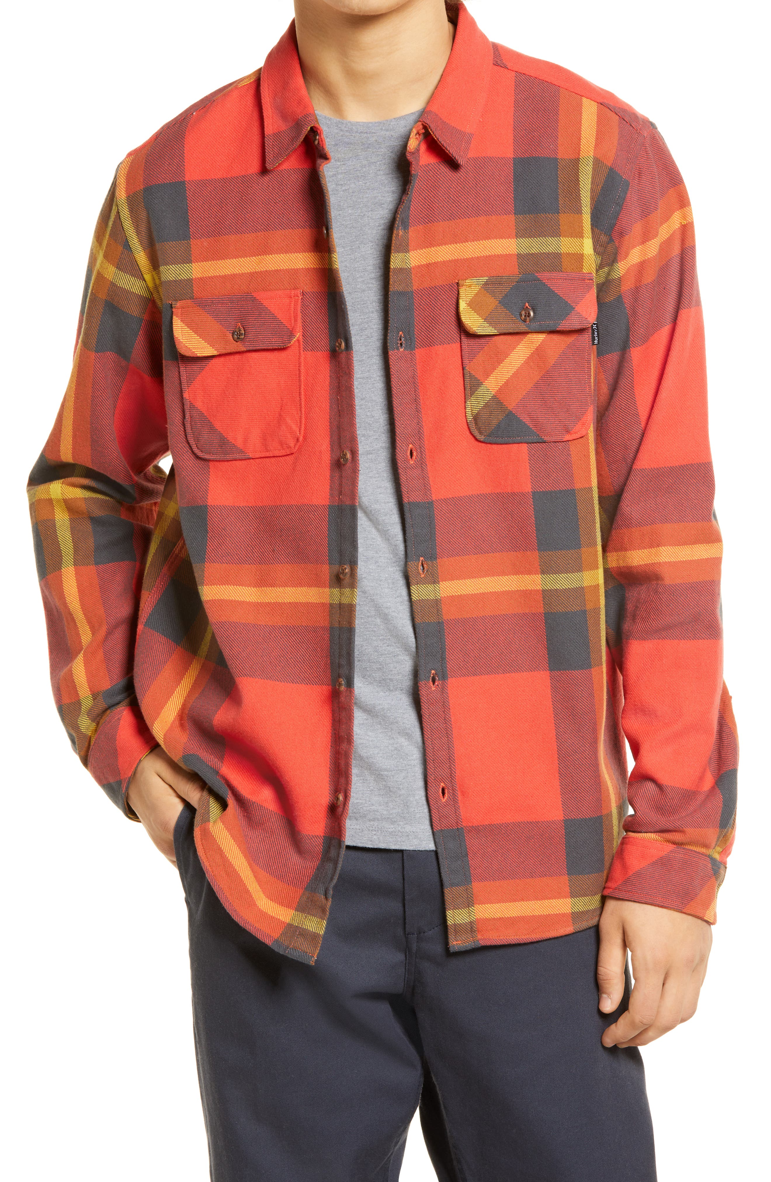 orange plaid flannel shirt men's