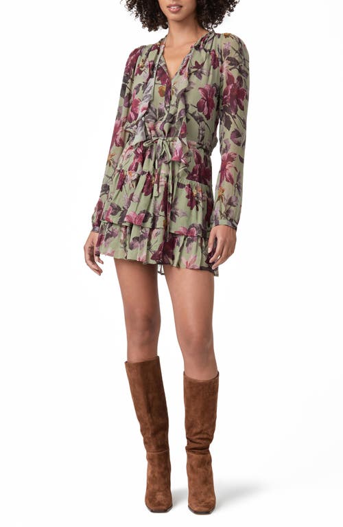 PAIGE Elynne Floral Print Long Sleeve Silk Minidress in Brushed Olive/Raspberry Mouse