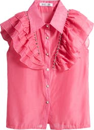 NIKKI LUND Holly Rhinestone Ruffle Button-Up Blouse