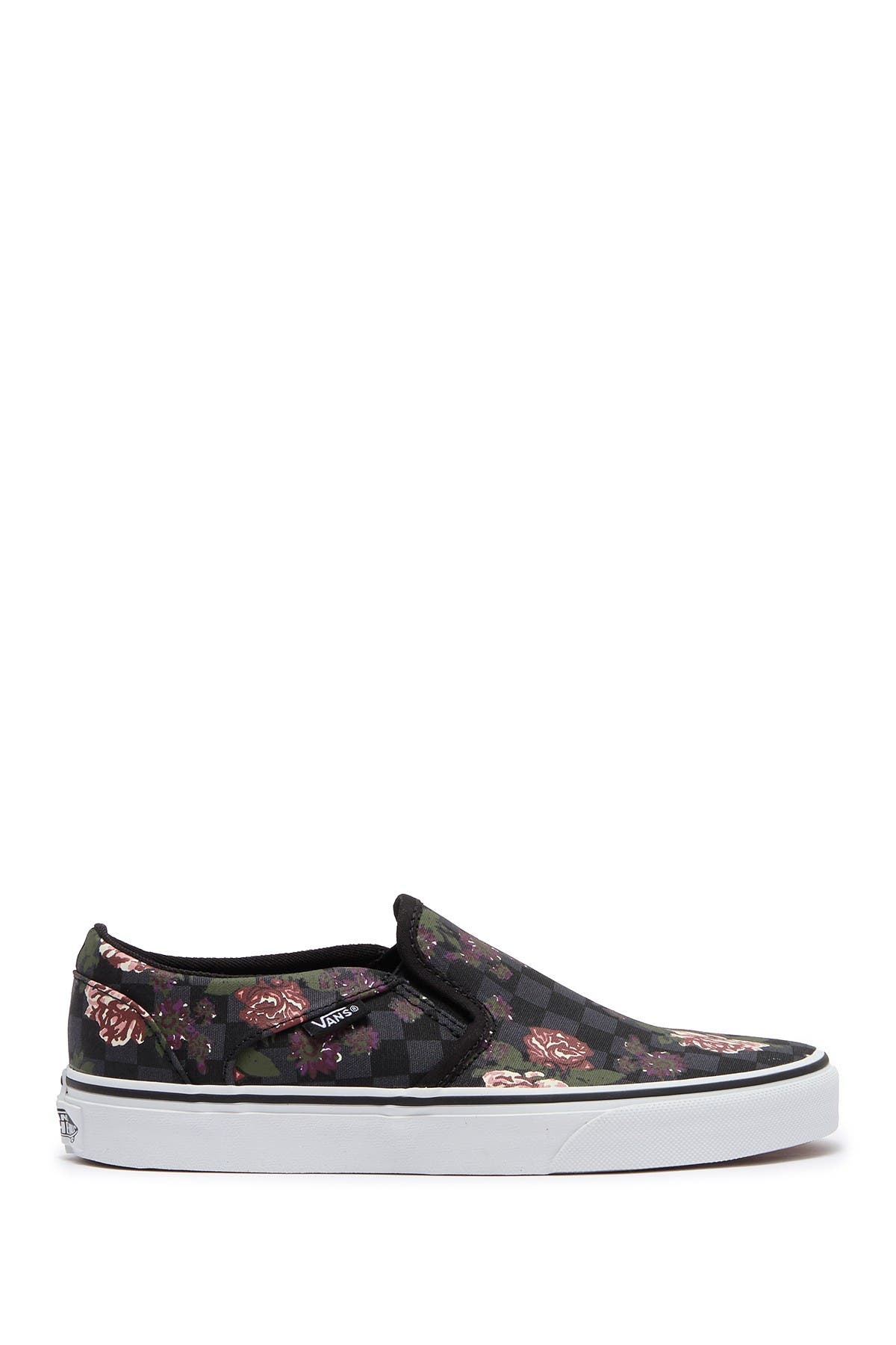 black floral checkerboard vans
